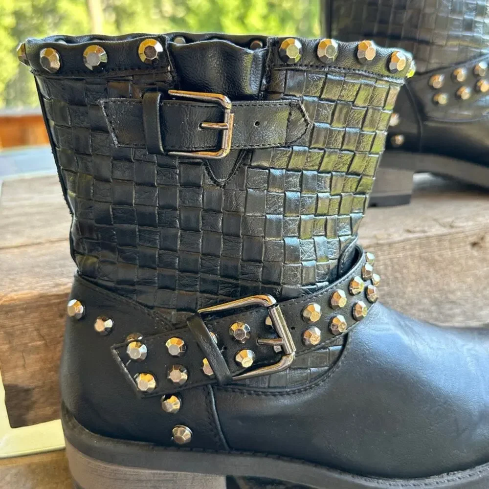 Extreme Eddie Marc Combat Boot SZ 7 Black Studded Woven Y2K Grunge Gothcore Punk - Picture 4 of 11